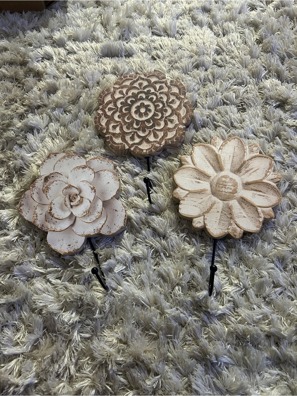 Distressed White Floral Wall Hooks - Set of 3